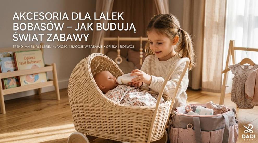 Dziecko karmiące lalkę bobasa leżącego w wiklinowym wózku.